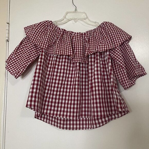 LOVERS + FRIENDS red plaid off shoulder ruffle blouse top size XS - Picture 2 of 4
